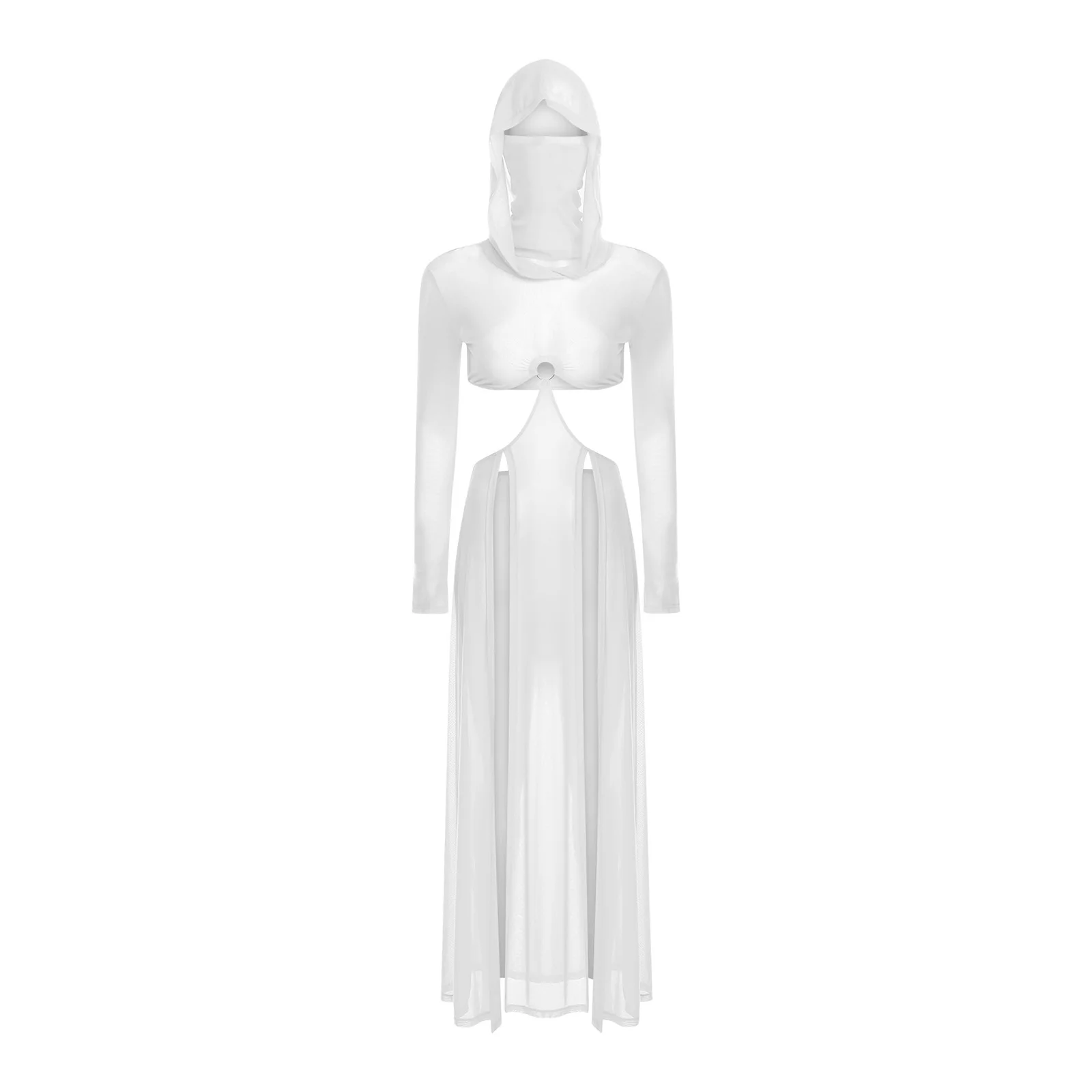 Femmes robe transparente Maxi haute fente robes à capuche masque facial manches longues évider pure Sexy maille robe solide couvrir maillots de bain