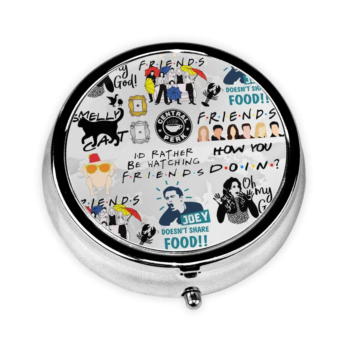 

Funny Friends Collage Metal Pill Box Compact TV Show 3-Compartment Pill Organizer Container Storage Box for Travel
