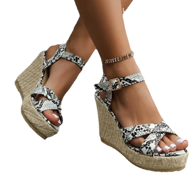 2023 Fashion Shoes Female Buckle Strap Women's Sandals Open Toe Dress Sandals Women Wedges Platform Snake Pattern Shoes Women