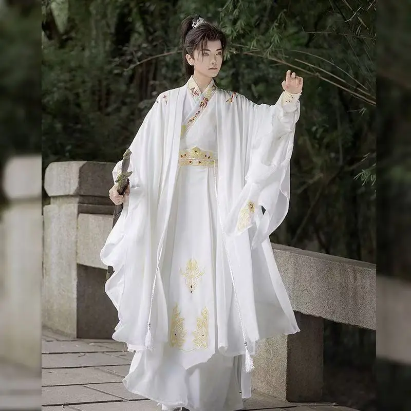 Original White Hanfu Men Women Traditional Chinese Embroidery Long Robe Halloween Fairy Wuxia Cosplay Costume Stage Show Suits