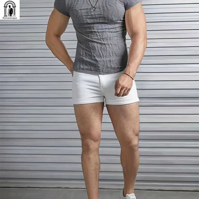 Men's Sexy Slim Fit White Denim Shorts, Rolled Cuff, Stretchy Skinny Jeans Shorts, Casual Summer Short Pants for Men view 2