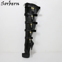 Sorbern Lockable Straps Ballet Boots Crotch High 8 Inch Metal Heeled Platform Long Boot Lace Up Fetish Drag Queen Shoe Custom