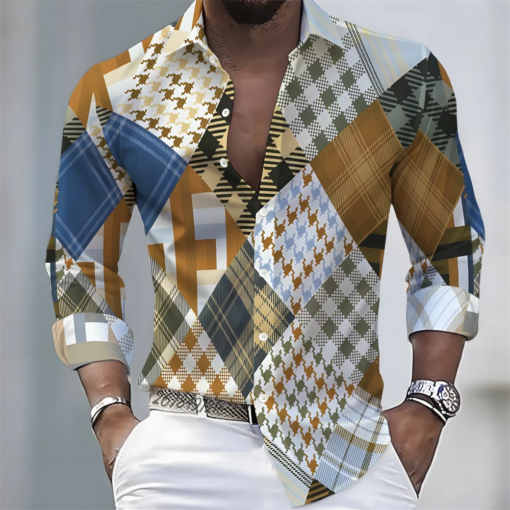 

Men's color-blocked houndstooth long-sleeved shirt, retro British style casual shirt, fashionable, comfortable and versatile top