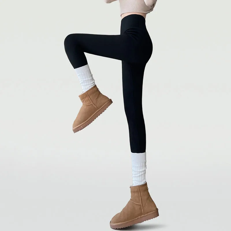 Czarne legginsy z pluszowym welurem i efektem skóry rekina dla kobiet, koreańskie legginsy z wysokim stanem, ocieplane polarem, ciepłe spodnie, wygodne, elastyczne, bezszwowe legginsy.