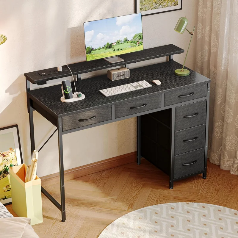 Gaming Desk with 6 Drawers, Computer Desk with LED Lights Power Outlets and Type-C, 39 Inch Office Desk with Storage, Monitor St