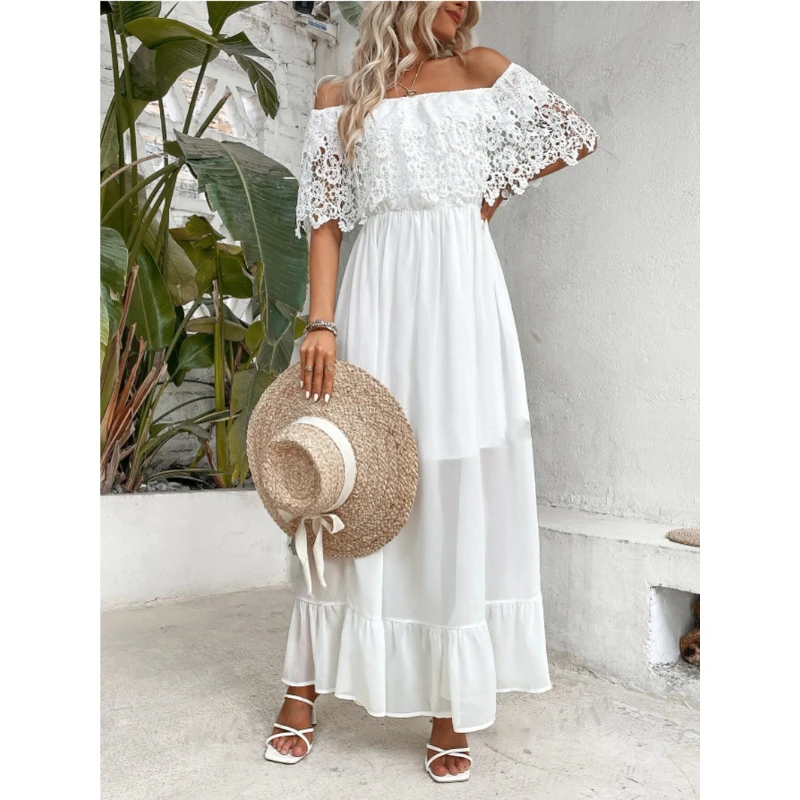 White Dress Women Long Dresses Off Shoulder A Line Vestidos Lace Ruffles Slim Elegant Splice Y2k High Waist Party Summer 2025