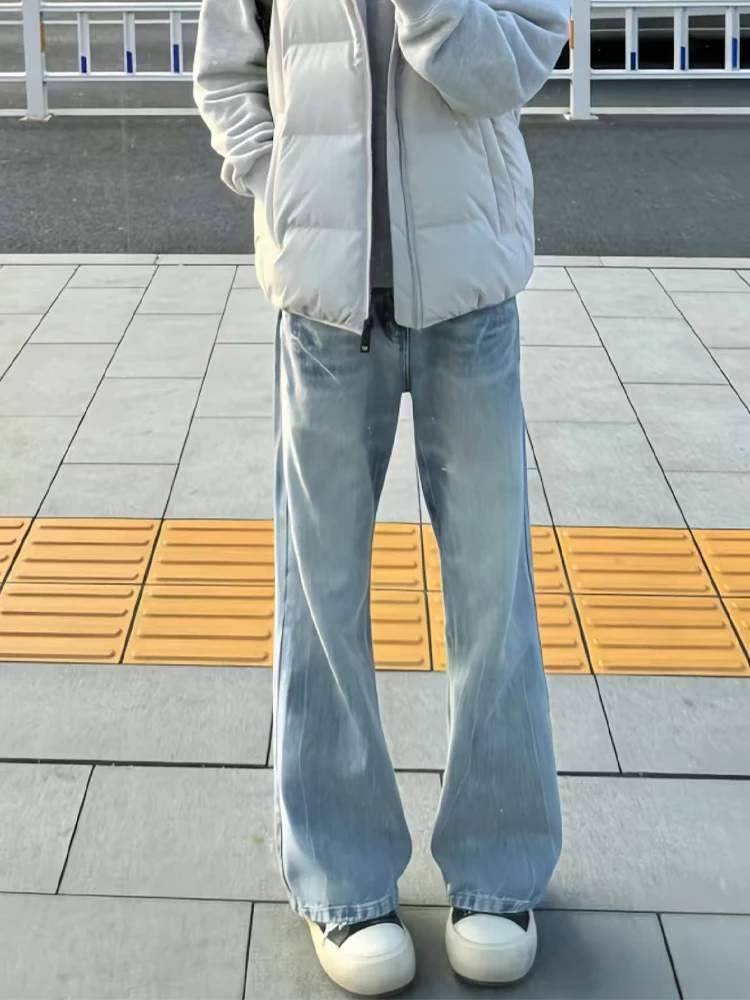 

Blue American High Street Lightning Pattern Jeans Men's Winter Straight Leg Slim Fit Micro Flare Pants Casual Youth Jeans