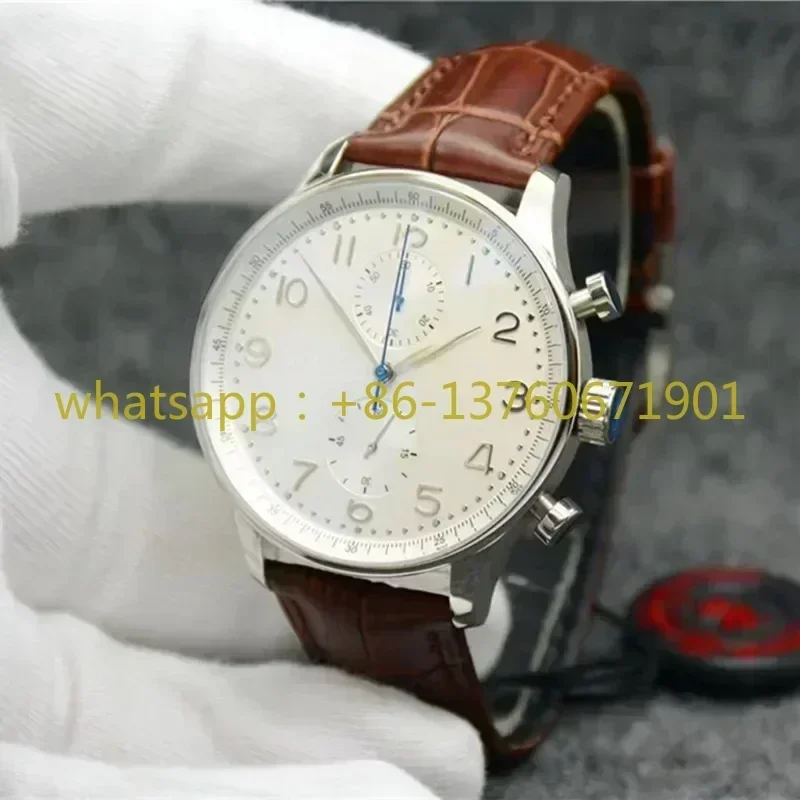 Top Quality Quartz Chronograph VK63 Portugueses Series Leather Watch Men Business Black White Wristwatch 43mm