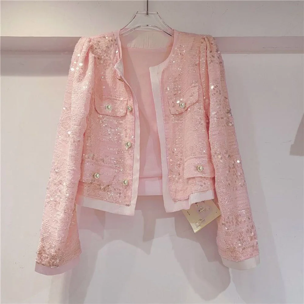 Spring Autumn Women Pink Long Sleeve Sequined Short Jacket Ladies Causal Single Breasted Coat Women Blignbling Cardigan Tops