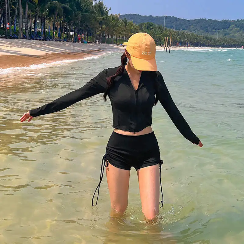 

Женские 2 шт./компл. рашгарды, укороченная рубашка с подкладкой + шорты для мальчиков с высокой талией, купальник, топ на молнии с длинными рукавами + низ, купальник