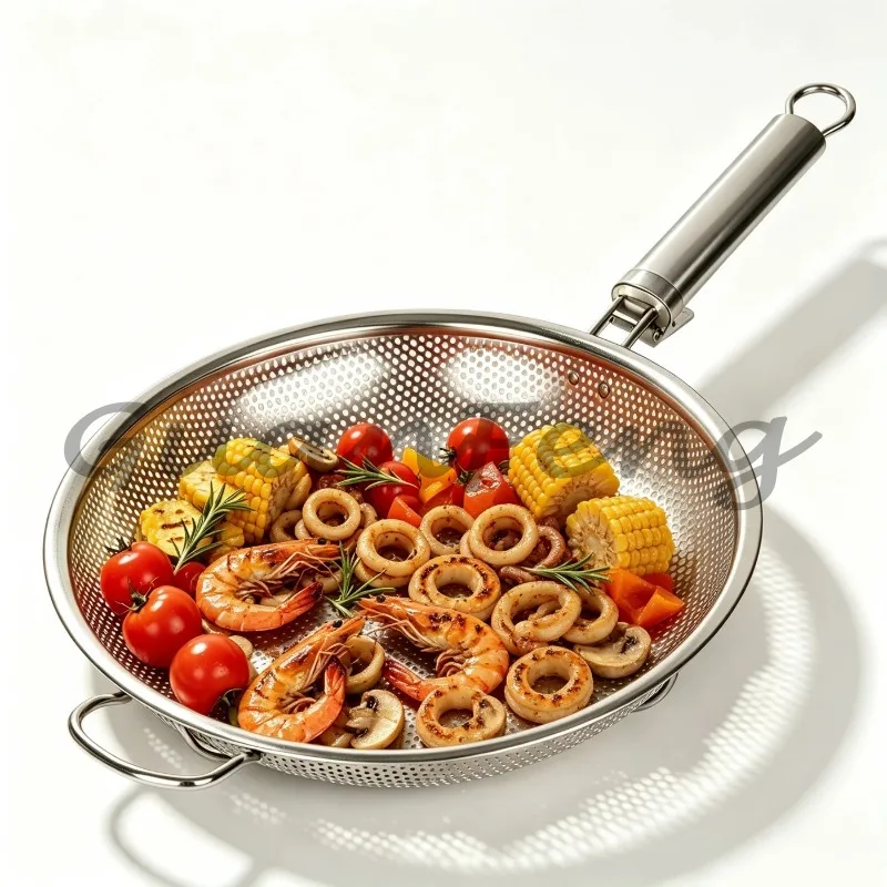 Metal Grill Pan With Removable Handle, Outdoor Grill Tray and Lid, Meat Seafood Vegetable Grilling Cookware