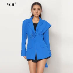 VGH Patchwork Folds Tunic Blue Blazer For Women Notched Collar Long Sleeve Spliced Button Minimalist Slimming Blazers Female New