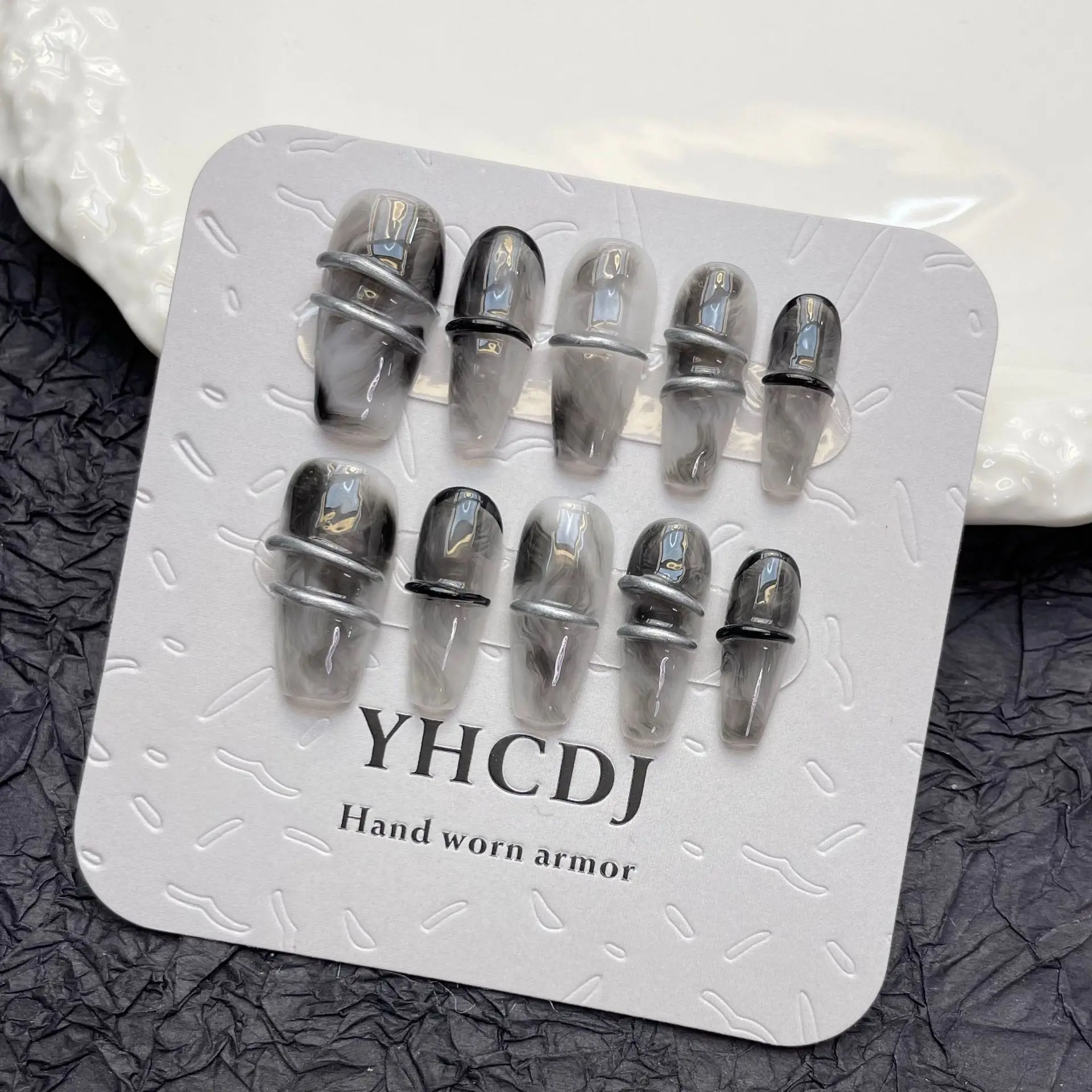 Handmade Press on Nails Dark Gothic Ink Hand Drawn Fake Nails for Women Girl Wearable Spice Girl Long Ballet False Nail Tips