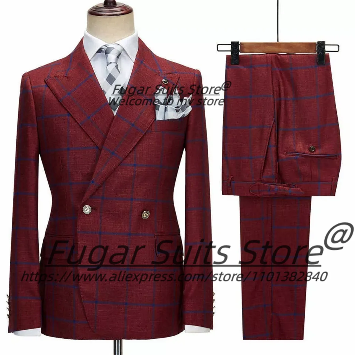 Business Red Plaid Men Suits Slim Fit Double Breasted Groom Wedding Tuxedos 2 Pieces Sets Classic Male Blazers Costume Homme