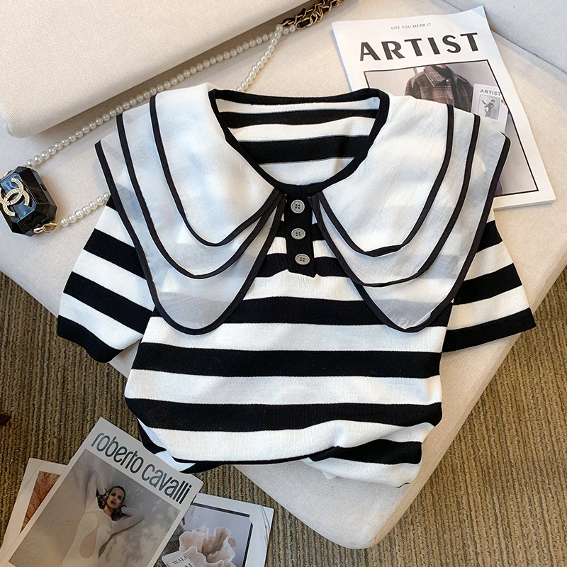 Doll Collar Striped Knitted T-Shirt Women Summer Lace Stitching Elastic Loose Short Sleeve Knitwear Tops Thin Ice Silk Sweater