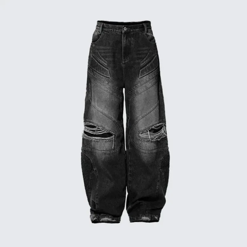 High Street Ripped Patchwork Jeans Pant Men's Loose Multi Pocket Design Trendy Streetwear Casual Denim Pants Y2k Pants