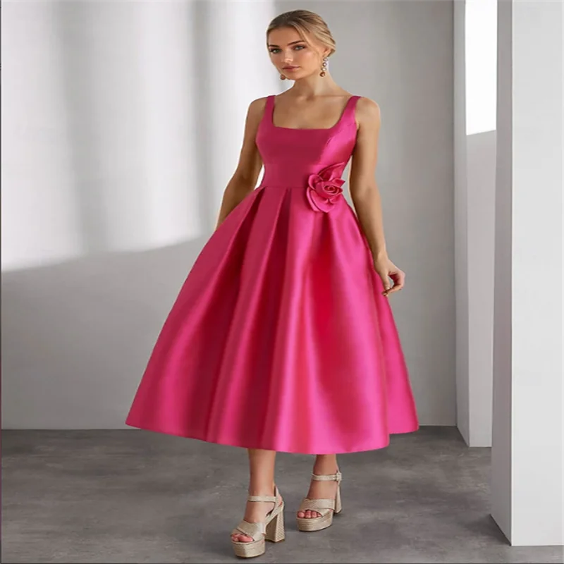 A-Line Tea Length Cocktail Dresses Party Dresses Elegant Silky Sleeveless Square Neck Wedding Christmas Satin with Glitter Slit