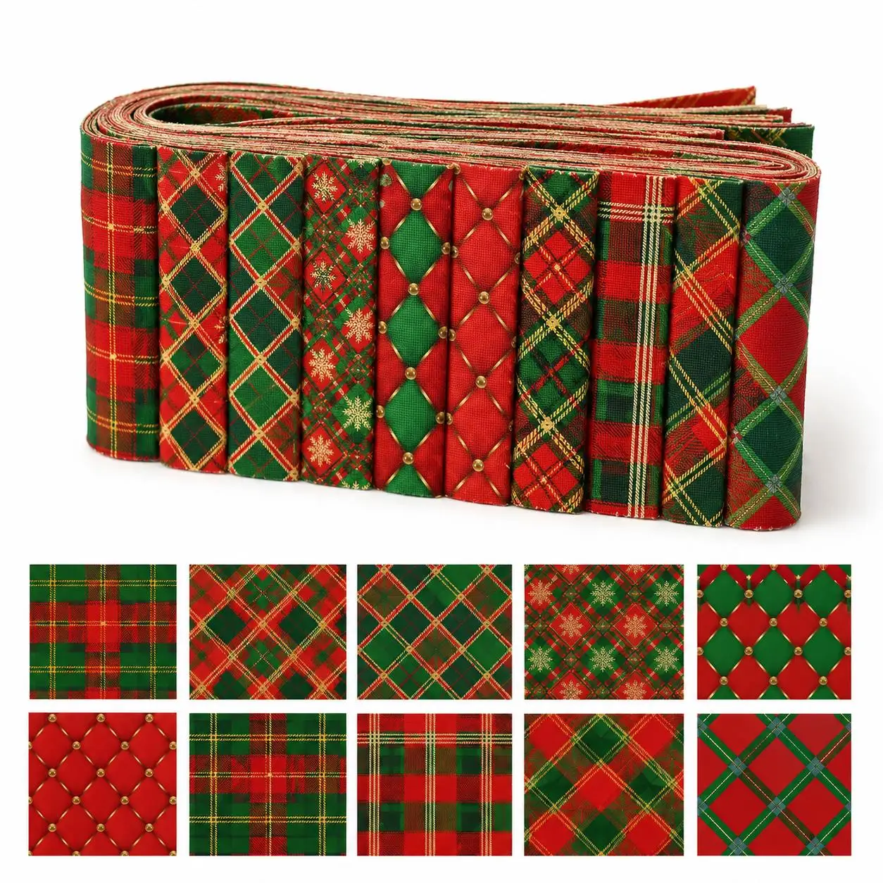10pcs  Plaid Christmas Jelly Roll Fabric Strips 2.5X19.7inch Pre-Cut Polyester For Patchwork Quilts Table Runners Placemate