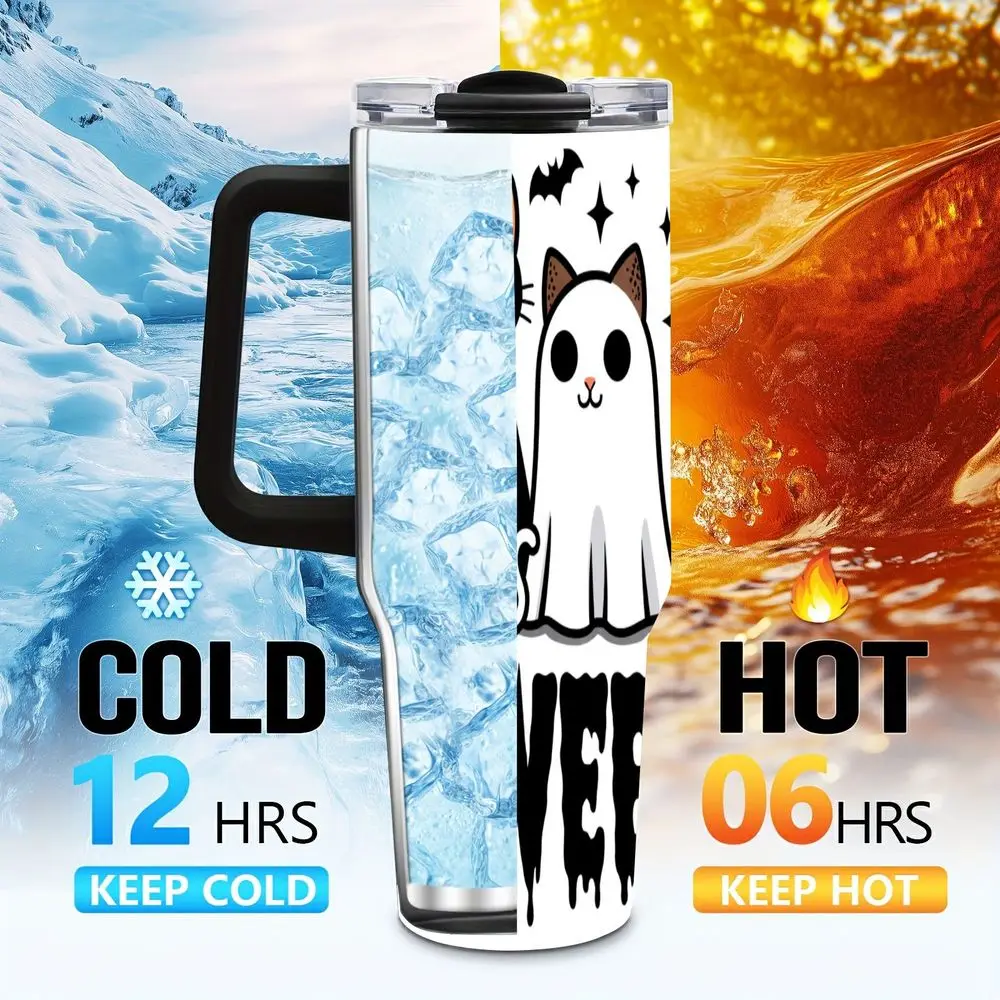 1 قطعة 40 أوقية كاتلوين هالوين القطط معزول القدح ، القط الأسود والقطط الشبحية تصميم السفر القدح ، كوب القهوة المعزول على الحائط المزدوج ، C