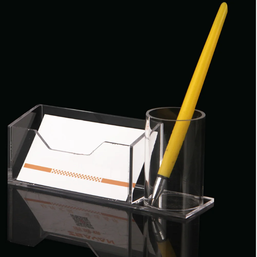 قطعة واحدة من حامل بطاقات العمل الشفاف من الأكريليك الإبداعي مع حامل قلم للمكتب والمنزل