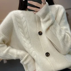 Spring New 100 Pure Cashmere Sweater Coat Women's Loose Vintage Sweater Short Style Thickened Wool Knitted Cardigan