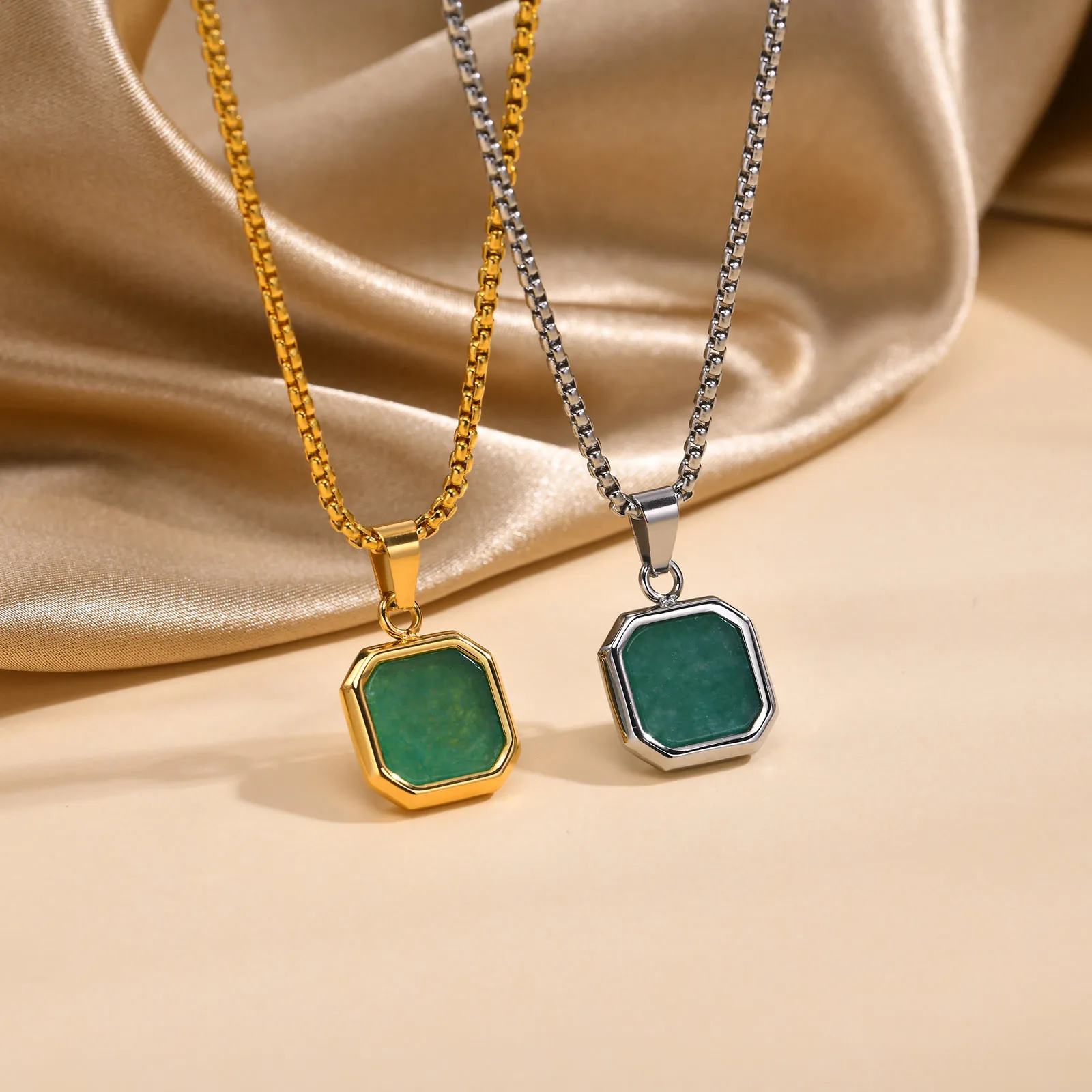 Vnox Square Natural Stone Necklace for Men Women, Stainless Steel Geometric Pendant Collar with Box Chain Gifts Jewelry
