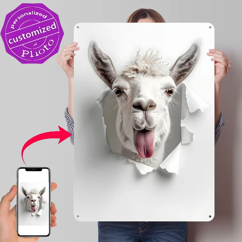 Funny Alpaca Bursting Through Paper Poster Retro 3D Printed Metal Signs Customized Wall Hanging Gift for Home Decor Ornaments