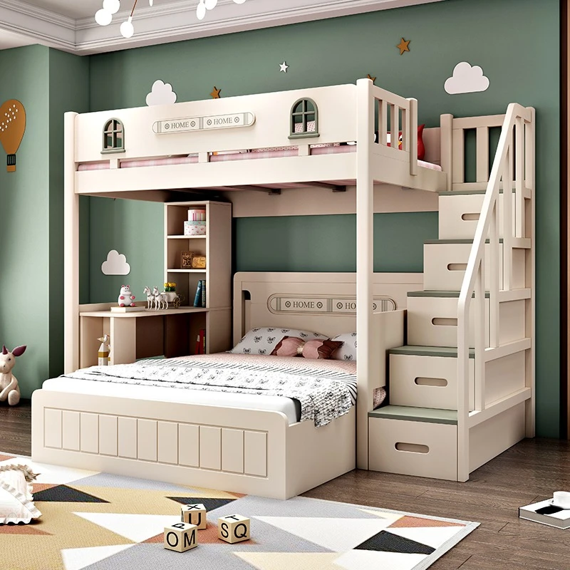 h*-Staggered Bunk Bed Siblings Children Solid Wood Double Bed Furniture 2people Eco-friendly Water-based Paint European Style^
