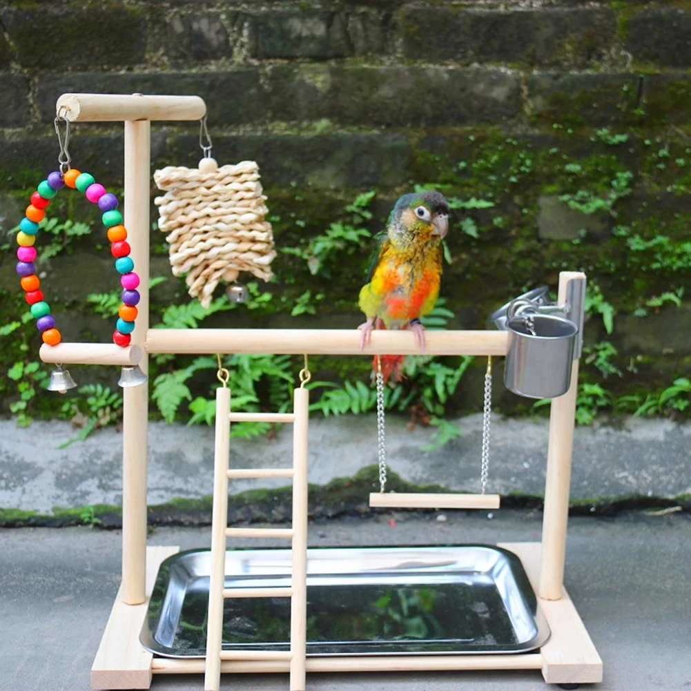 Solid Wood Parrot Stand Bird Swinging Suspension Bridge Feeding Cups Swing Climbing Ladder Parrot Playstand Parrot Supplies