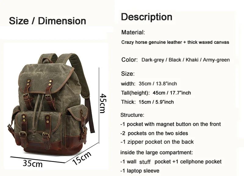 Vintage Waterproof Waxed Canvas Backpack For Men Leather School Bags Fashion Daypack women Laptop bagpack Bag Rucksack