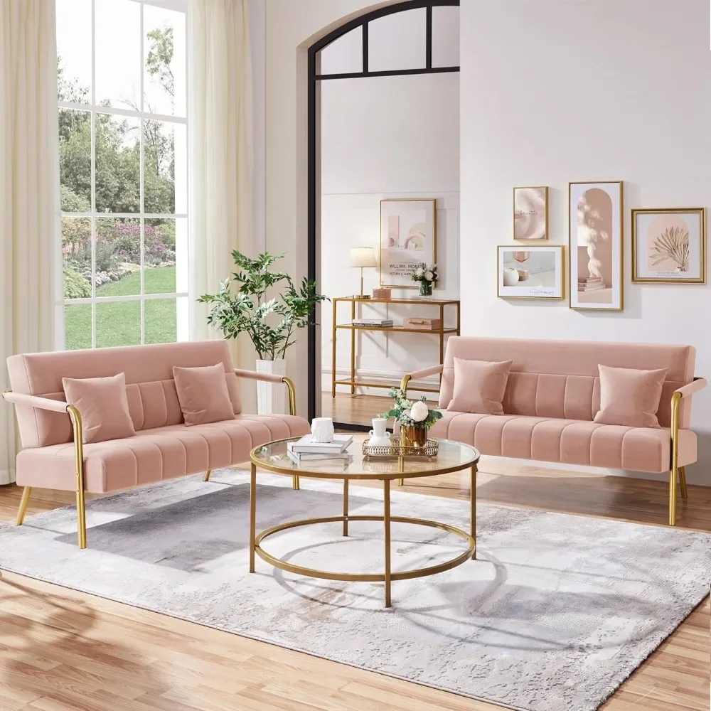56 Inch Modern Sofa, Small Luxurious Velvet Fabric, Gold Tone Metal Arms, For Living Room Office