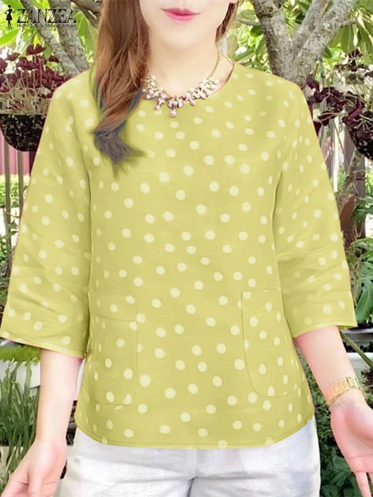 

ZANZEA Day Wear O-Neck Blusas Mujer Polka Dot Vacation Woman 2025 Summer Blouses Patch Pockets Casual 3/4 Sleeve Tunic Tops