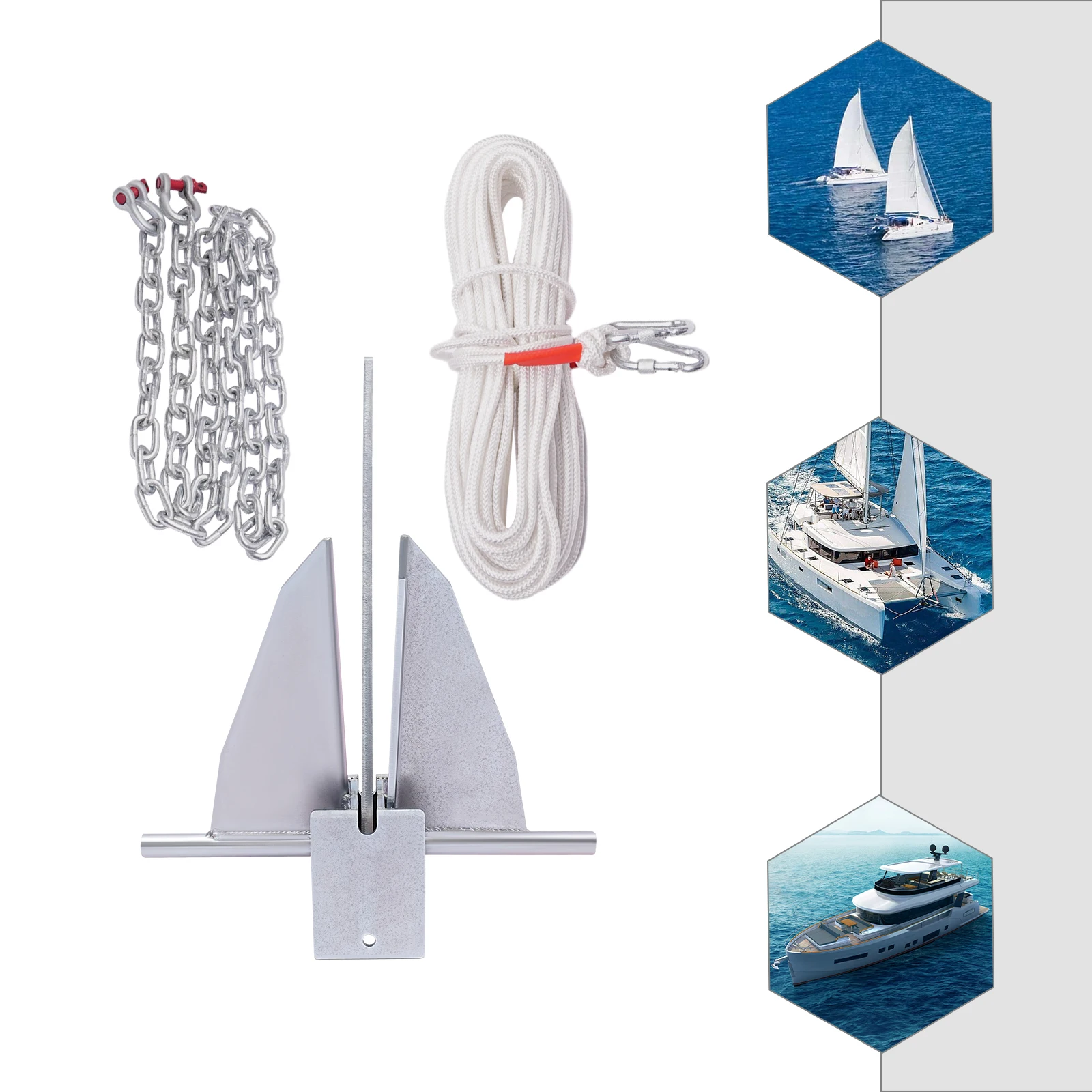 13 lbs Collapsible Boat Hook Kit Portable Galvanized Anchor Kit Chain and 100 Feet of Nylon Rope Steel Boat Anchor Kit Silver