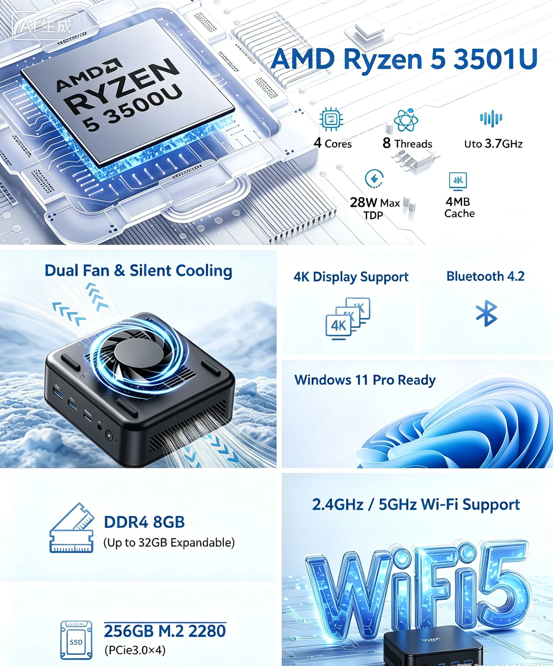 NIPOGI Mini PC AMD Ryzen 3 3250U Desktop Mini Computers 8GB RAM 256GB M.2 SSD WiFi 5, BT 4.2,DUAL 4K Display Windows 11 Pro