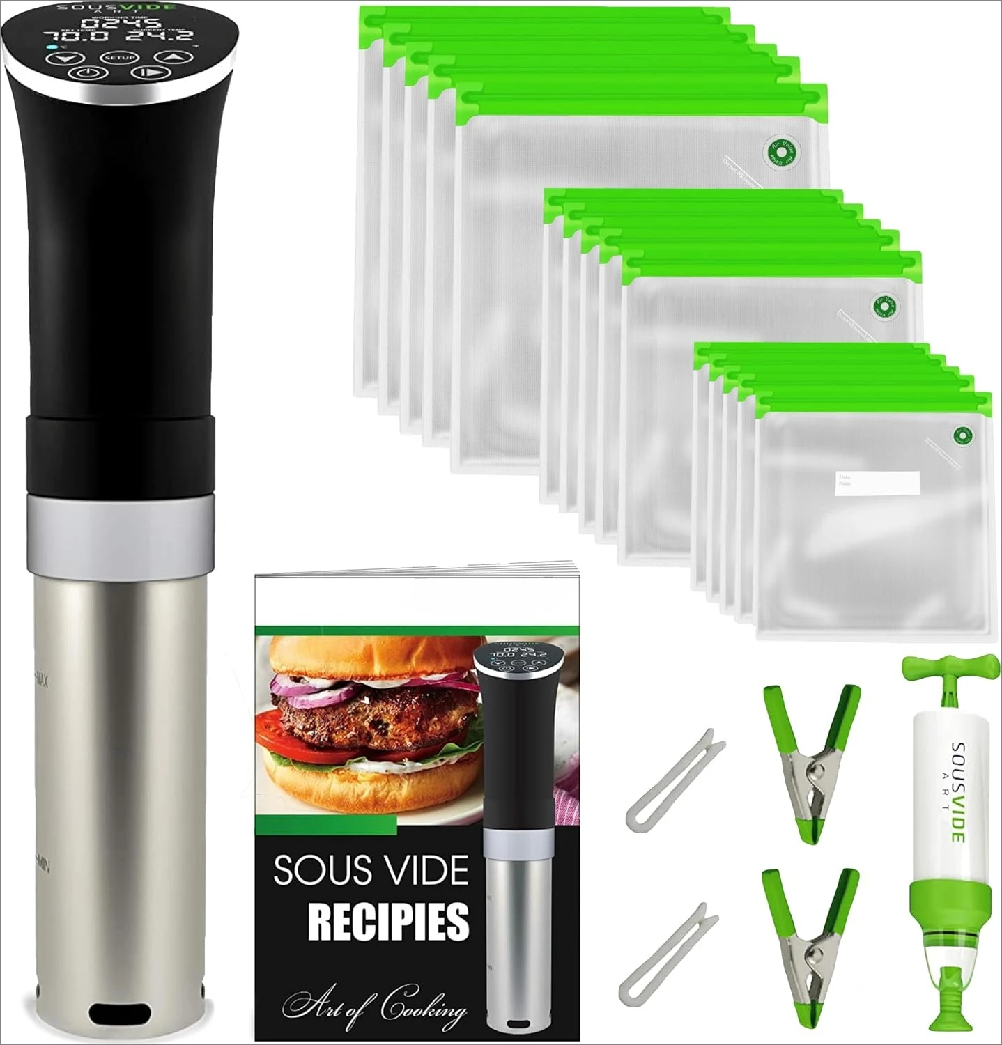 Kit Completo de Cocción Sous Vide de 1000W, Calentador de Inmersión, con 15 Bolsas al Vacío + Bomba + Temporizador Digital y Controlador de Temperatura para Cocineros Caseros Principiantes