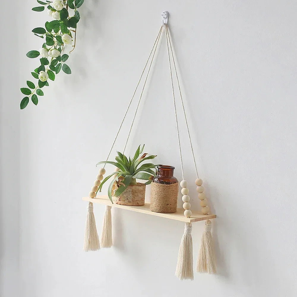 Hand-woven Wooden Bead Tassel Shelf Pastoral Wooden Shelf Bedroom Living Room Home Decoration Gift Storage Floating Shelf