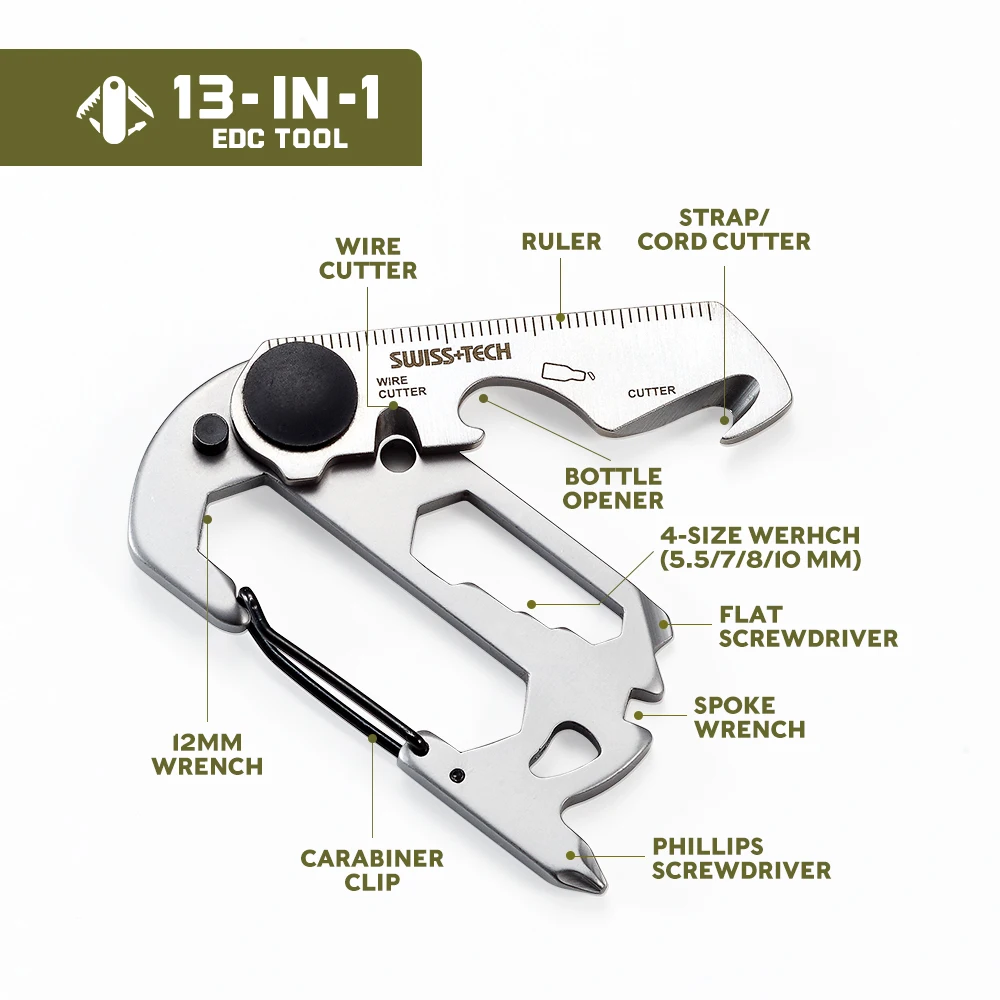 SWISS TECH 13 In 1 Mini Multifunctional Tools Protable Small Pocket Multitool Kit Carabiner Clip Hiking Camping EDC Tool Gadgets