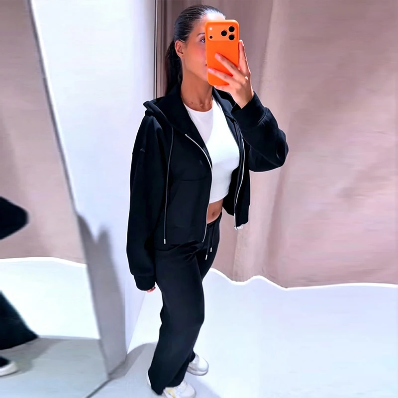 Damen-Hosen-Sets mit Kapuze, Langarm-Reißverschluss, Oversize-Mäntel, Kordelzug-Taille, Schlaghosen, Frühling-Herbst, schicke neue Outfits für Damen – Detail 30
