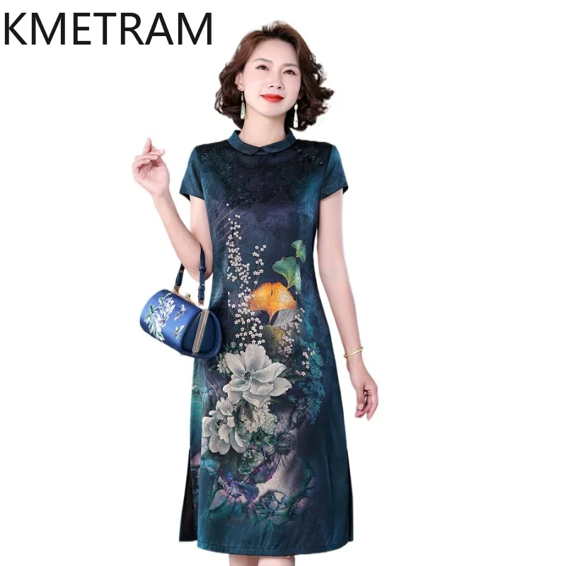 KMETRAM 91% Mulberry Silk Middle-aged Woman Dresses 2026 Summer New Chinese-style Floral-patterned Modified Cheongsam Ropa Mujer