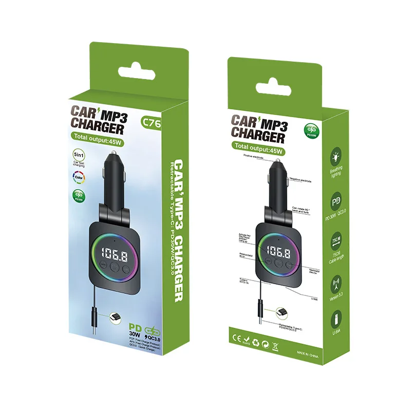 

C76/K38 Car Bluetooth 5.3 Fm Transmitter Telescopic Cable QC3.0/PD30W Super Fast Charging Car Mobile Phone Charging