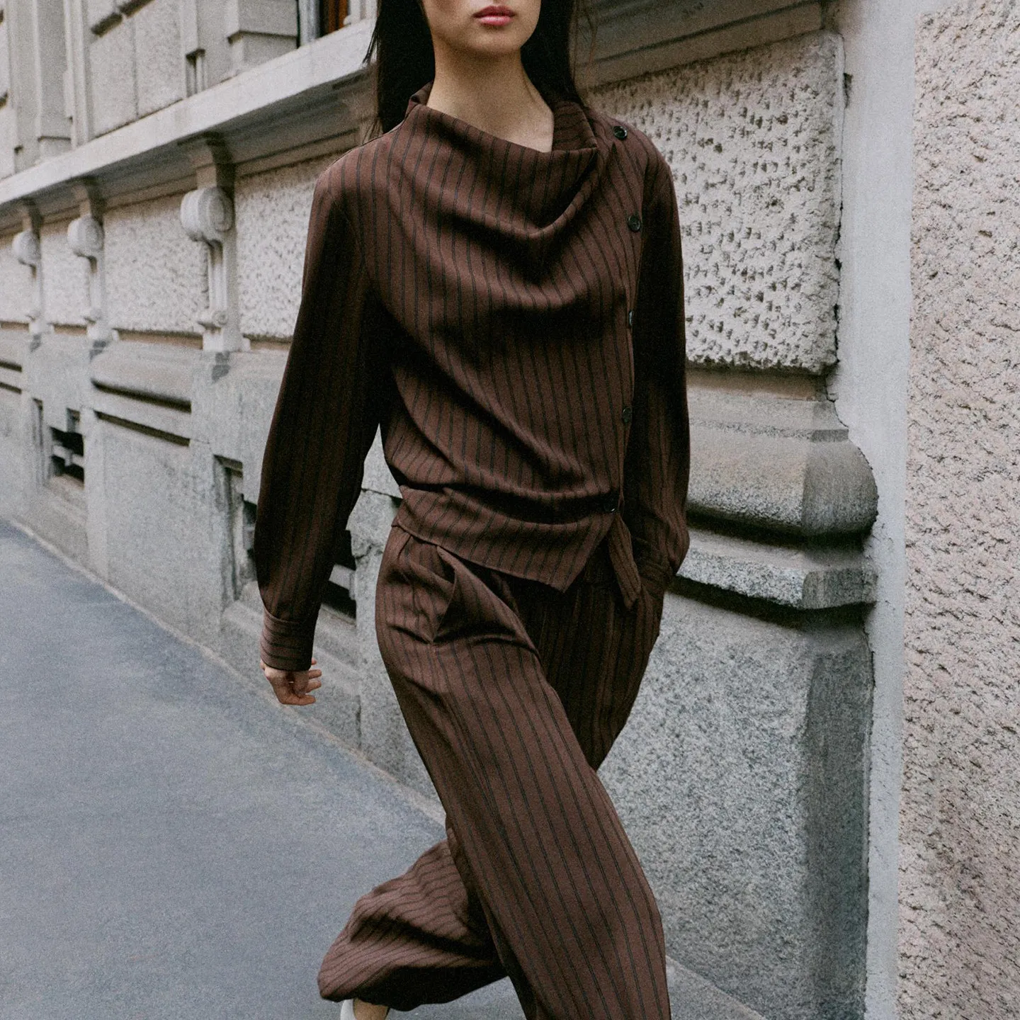 Women's Fashion Striped Shirt And Side Slit Pants Set Autumn 2026 Hanging Neck Double Lapel Elegant Workwear Two-Piece Suit