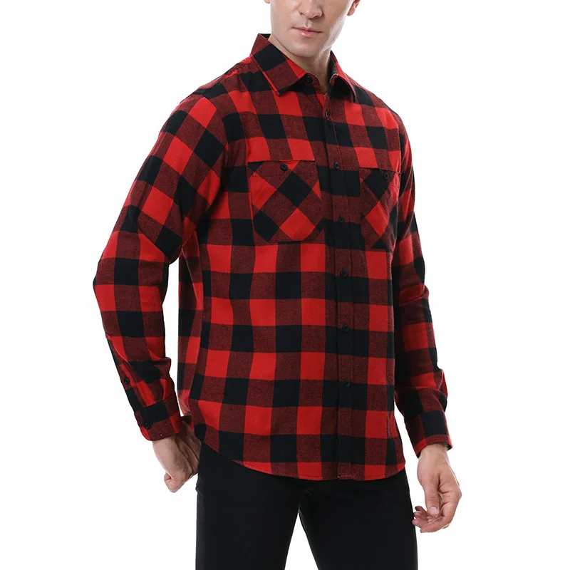 Spring Autumn Men's Brushed Checkered Shirt Fashion Loose Plus Size Long Sleeve Casual Double Pocket Plaid Cardigan Shirt