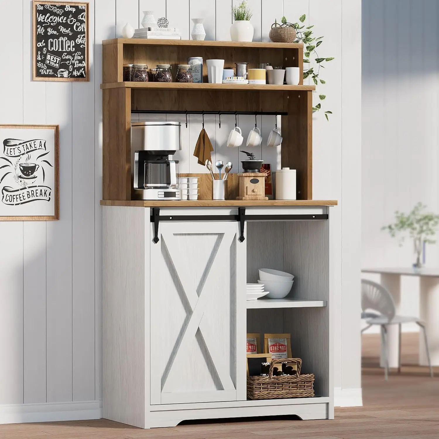 

3 Tier Storage Hutch Coffee Bar Table with 6 Hooks Adjustable Shelves Living Dining Room 56 Inch, Custom
