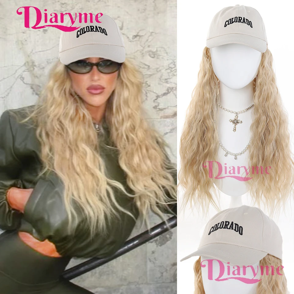 Wig Topi Satu Set Wanita Alami Modis Topi Baseball Rambut Panjang Keriting Sintetis Wig Full-Head untuk Wanita Penggunaan Sehari-hari