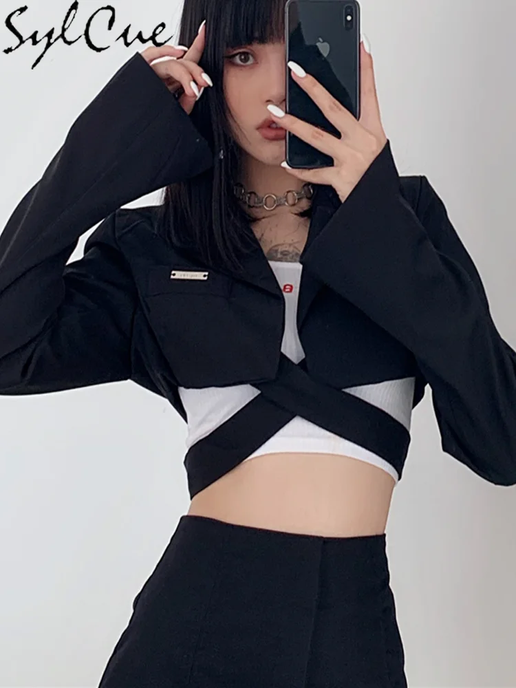 Sylcue Hong Kong Flavor Cool Girl Dark Funeral High Waist Cross Tie Long Sleeve Suit Women All-Match Fashion Silm Short Jacket