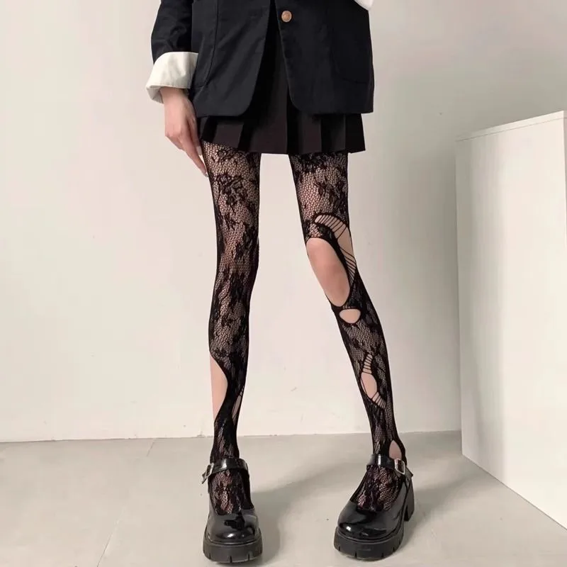 Ripped Pantyhose Hollow-out Fishnet Rose Millennium Hot GirlinsTrendy Personality Asymmetric Design Black Silk