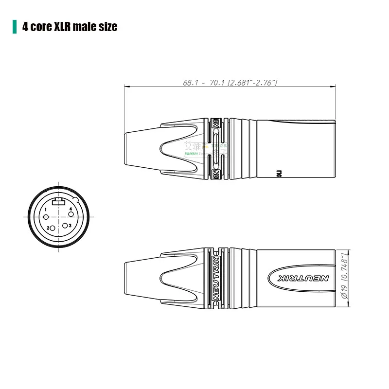 XLR 4-polige Stecker- und Buchsenanschlüsse Neutrik NC4MXX mit Farbring und Schwanzhülse zur Kodierungserkennung, symmetrischer XLR-Stecker – Detail 10
