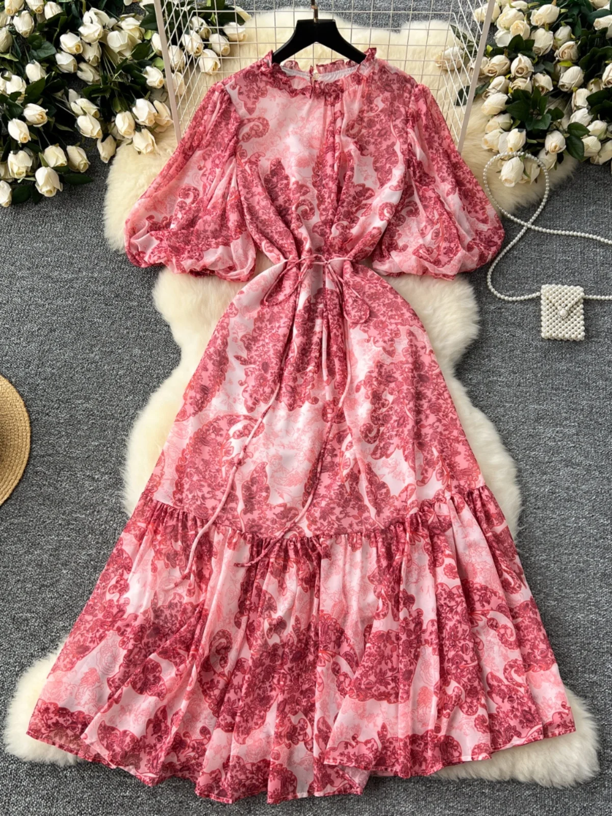 레트로 플로럴 프린트 여성 미디 드레스 라운드 넥 슬림 버블 슬리브 헴드 쉬폰 스커트 하이 웨이스트 A라인 한국 스타일