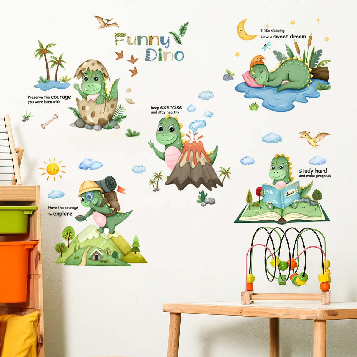 2pcs Cartoon Dinosaur Cloud Animal Wall Decal Self Adhesive Removable Wall Sticker Living Room Bedroom Study Backwall Decor