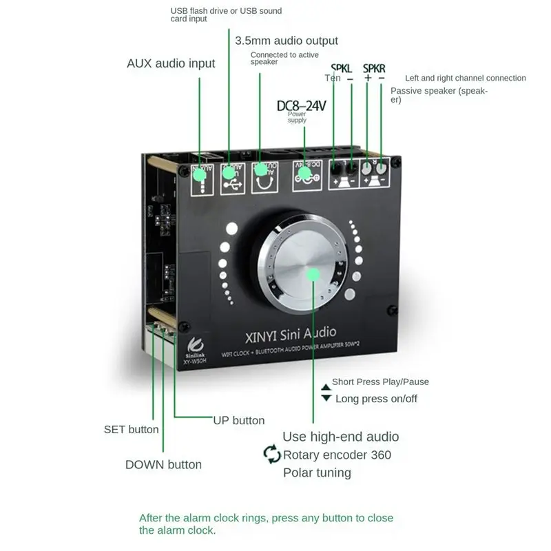

(A23G) XY-W50H HIFI-модуль цифрового усилителя мощности 50Вт x 2 с Bluetooth, Wi-Fi, часами и аудиомодулем BT5.0, DC8-24В